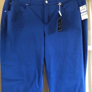 Bright blue straight leg jeans.